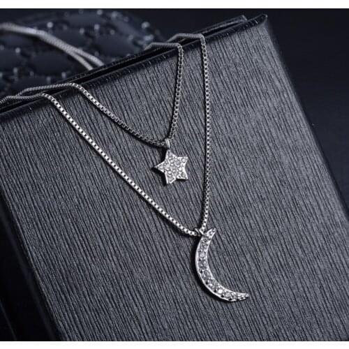 Fashion Jewelry Alloy Pendant Necklaces Silver Color Moon Star Chain Necklace Crescent Pendant Long Necklaces For Women Party