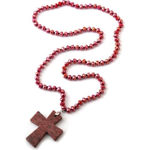 New ! Free Shipping Fashion Bohemian Tribal Jewelry Red Glass Crystal With Stone Cross Charm Pendant Necklace For Women