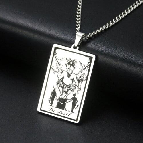 Stainless Steel Rectangle Necklace Satan Lucifer Wheel of Fortune Pendant DogTag Tarot Devil Engrave Hip-hop Chain Men Jewelry