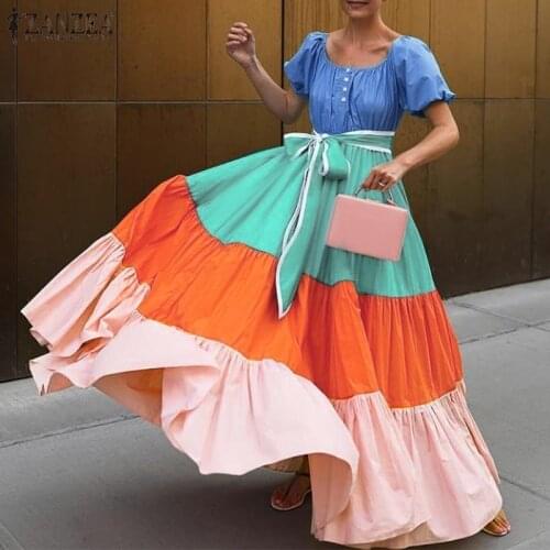 Oversized Bohemian Women Dress ZANZEA 2021 Summer Off Shoulder Puff Sleeve Belted Maxi Dresses Casual Solid Patchwork Loose Robe