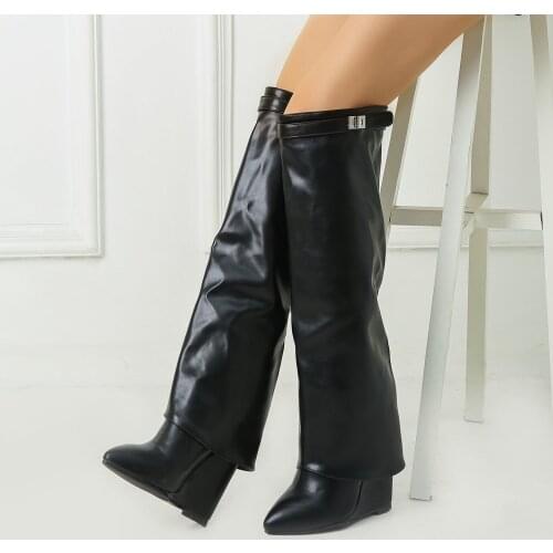 Shark Lock Women Wedge Boots Black Fold Knee High Heel Boots Pointed Toe Long Boots Female Wedges Heel Botas Big Size 45 46 47