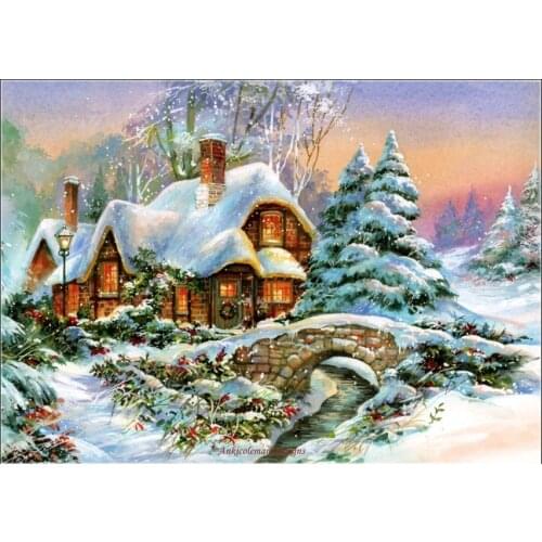 Counted Cross Stitch Kits Needlework Embroidery - Crafts 14 ct Aida DMC Color DIY Arts Handmade Home Decor - Winter Cottage 3