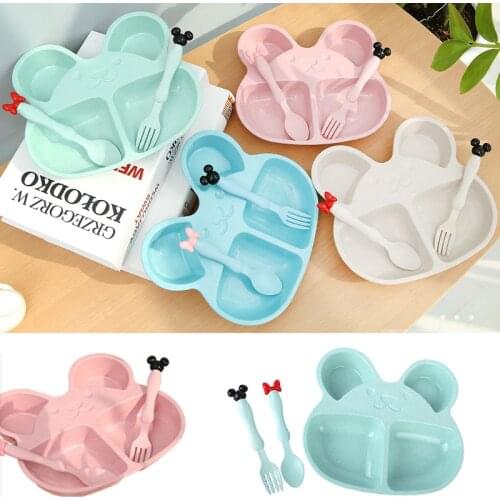 Wheat Straw Plates Baby Training Bowl Plate+spoon+fork Cute Bear Food Tableware Set Kids Dishes OPP Packaging for Baby Feeding