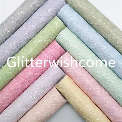 Glitterwishcome 21X29CM A4 Size Pastel Lace Glitter Leather, Faux PU Leather fabric Vinyl for Bows, GM803A