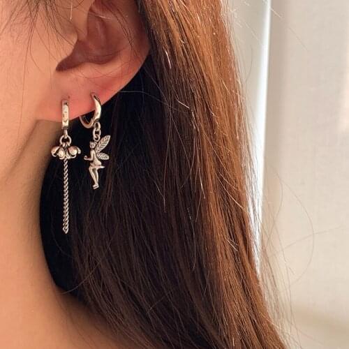 Vintage Punk 925 Sterling Silver Tassel Asymmetry Angel Charm Drop Earring For Women Girls Wedding Party Jewelry eh1208