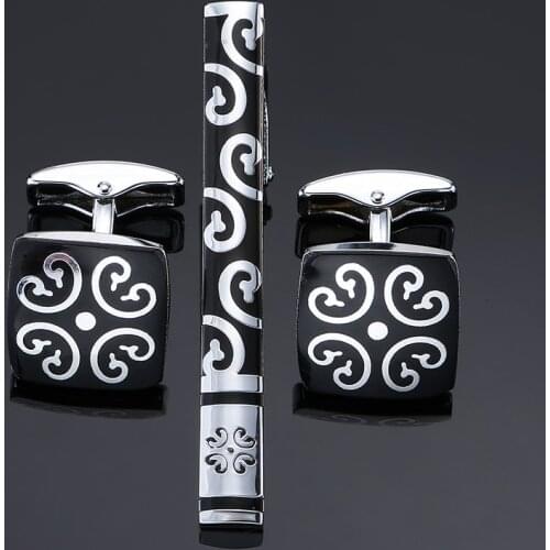 DY Are men of high quality black enamel silvery flower pattern exquisite Cufflinks tie clip set free shipping