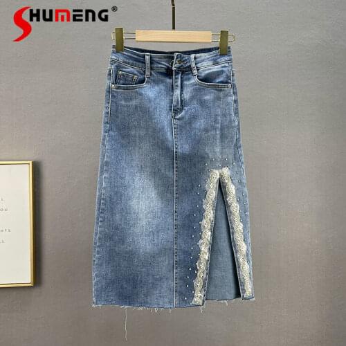2021 Summer Ladies New Fashion Sequined Denim Midi Skirt Womens High Waist Stretchy Slim Fit Split Diamond-Embedded Jeans Skirt
