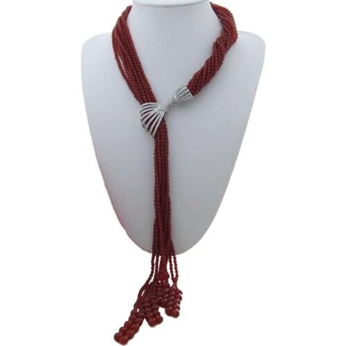 YYGEM 8 Strands Red Agate Long lariat Necklace Cubic Zirconia Pave Pendant 19