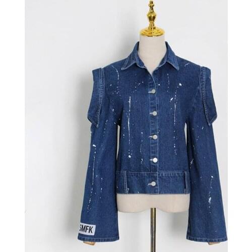 2021 Spring And Autumn New Denim Jacket Coats For Women Design Hollow Out Long Sleeve Single Breasted Print Jeans Short Tops