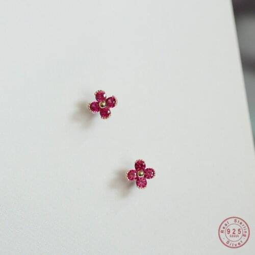 925 Sterling Silver Plated 14K Gold Red Zircon Lovely Small Flower Stud Earrings Women Wedding Jewelry Gift