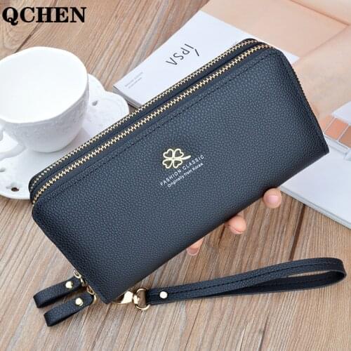 Womens wallet long new purse money fashion Ladies mobile phone big clutch bag Double zipper Four leaf clover hand strap bag 839