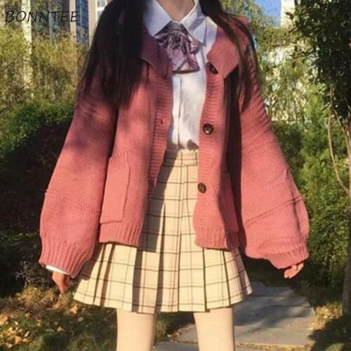 Sweaters Women Loose Fashion Student Lovely Japanese Style All-match Cardigan Knitted Wear Long Sleeve Turn-down Collar Autumn