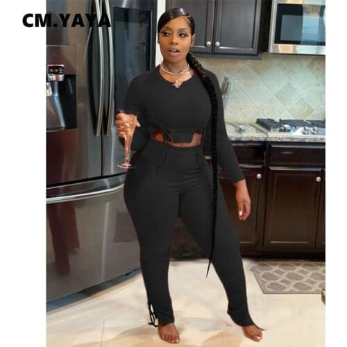 CM.YAYA Women Tracksuit Solid Full Sleeve O-neck Crop Tops Skinny Bandage Pants Two 2 Piece Sets Casual Outfits Autumn 2021