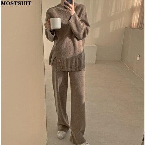 Chic Elegant Knitted Two Piece Pant Set Women Fall Winter Long Sleeve Sweater + Wide Leg Pants Suits Solid Loose Vintage Set