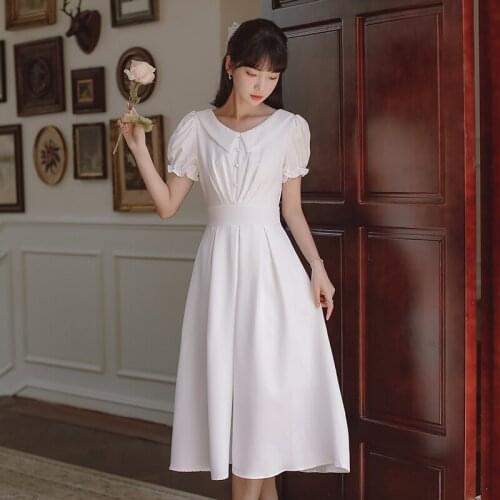 Summer White Dress Short Sleeve Ladies French Retro Robe Femme Puff Sleeve Lapel Temperament Midi Dress