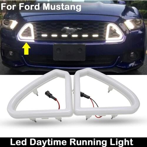 2Pcs For Ford Mustang 2015-2017 Car Front Grille Hood Bumper High Brightness White LED DRL Light Daytime Running Lamp