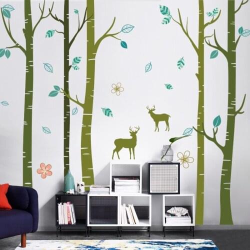 Large Size Birch Trees Forest Deers Wall Sticker Art Home Decor Kids Room Mural Removable Vinyl Tree Decorative