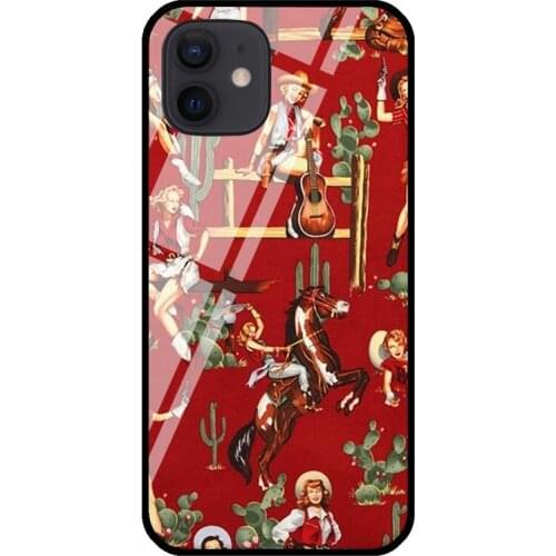 Cowgirl Western Southwestern Cactus Retro Tempered Glass Case For iPhone 11 12 Pro MAX XS XR X 7 8 Plus SE Phone Back Cover