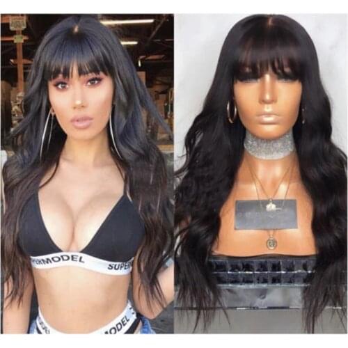 Long Natural Wave Human Hair Scalp Top Wig with Bangs 150% Density Indian Remy Human Hair Wig Silk Base Wavy Natural Color