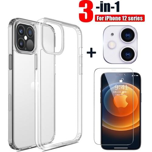 For iPhone 12 Mini 12Pro Max Clear TPU Case & Tempered Glass Screen Protector & Camera Lens Protectors for iPhone 12 Series