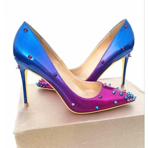 Gradient color blue rivet 12cm high heeled lady pumps shallow pointed toe woman party wedding shoes 10cm 8cm MD015 CHENSIR9
