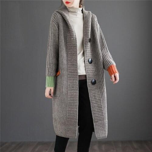 Patchwork Women’s Cardigans Sweater Autumn Hooded Sweater Ladies Knitted Cardigan Thicken Lady Long Sleeve Tops Coats Mujer