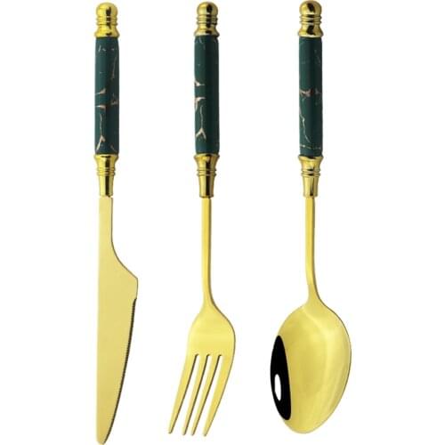 3Pcs Gree Gold Tableware Set Ceramic Handle Fork Spoon Knife Set Stainless Steel Cutlery Set Dinnerware Dinner Dishwasher Safe