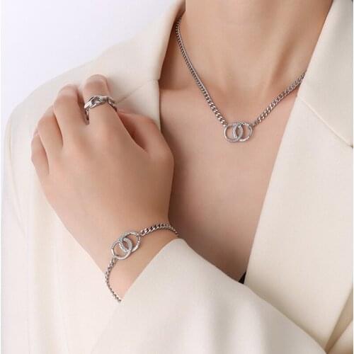 YAONUAN Punk Titanium Steel Jewelry Sets For Women Thick Flat Chain Double Ring Clasp Necklace/Bracelet Trendy Party Accessories