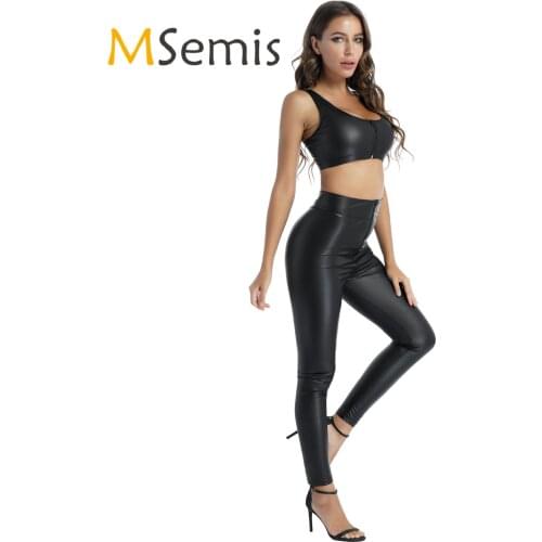 Womens Patent Leather Outfit Two-piece Scoop Neck Sleeveless Cropped Tank Top with Zipper Crotch High Waist Skinny Pants Set
