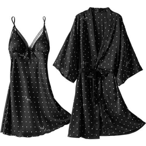 Nightgown Sets Womens 2pcs Robe Suit Spring Sleepwear Nighty Wear Pajamas Sexy Strap Nightwear Sleep Kimono Bath Gown Homewear