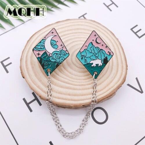 Creative Geometry Animal Bear Moon Mountain Chain Enamel Brooch Alloy Badge Denim Clothes Bag Cartoon Pin Jewelry Gift
