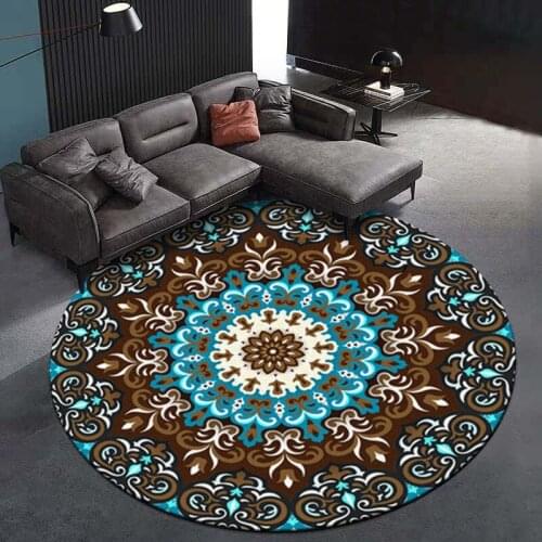Mandala Printed Round Carpet for Children Coral Velvet Computer Chair Floor Mat Bedroom Play Tent Area Rug Round Blue