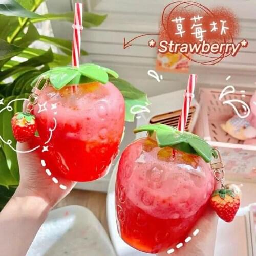 Strawberries Straw Cup Plastic Cup Lovely Girl Milk Tea Cup Student Portable Water Cup Summer Water Bottle with Straw