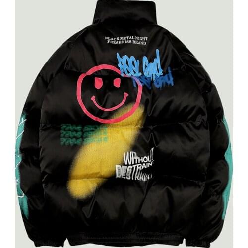 Hip Hop Jacket Parka Smile Face Graffiti Printed Mens Streetwear Harajuku Winter Thick Warm Zipper Jackets Coats Unisex 2021 New