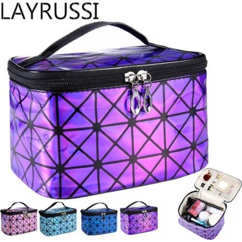 LAYRUSSI Laser Pu Cosmetic Bag Illusion Rhombus Storage Finishing Travel Portable Folding Storage Bag Makeup Case Toiletry Bags