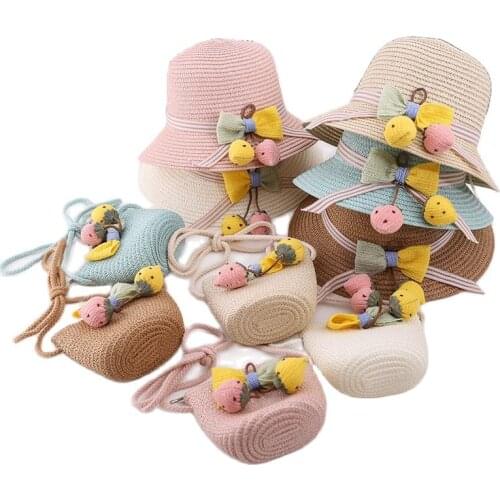 Summer children bowknot straw hat +bags New girl kids baby holiday beach cartoon sun hats caps gorros for travel