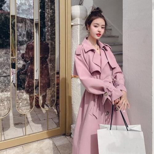 New Spring Autumn Long Women Trench Coat Double Breasted Belted Windbreaker Female British Loose Coat Lady Outerwear Pink W2136