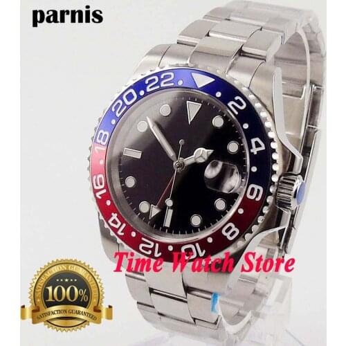 Parnis 40mm Automatic Movement Mens watch Black Sterile Dial GMT Function Blue Red Bezel Sapphire Glass relogio masculino