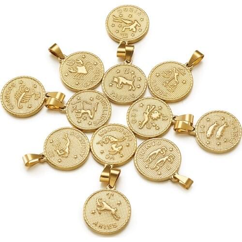 12pcs Stainless Steel Pendant Charms Flat Round with Twelve Constellation/Zodiac Sign for Necklaces Jewerly Making 29x25x3.2mm