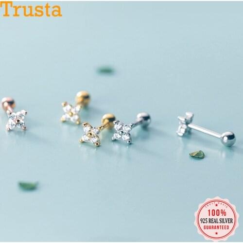 TrustDavis Real 925 Sterling Silver Fashion Triangle Flower CZ Screw Stud Earrings For Women Wedding Fine S925 Jewelry DA2090