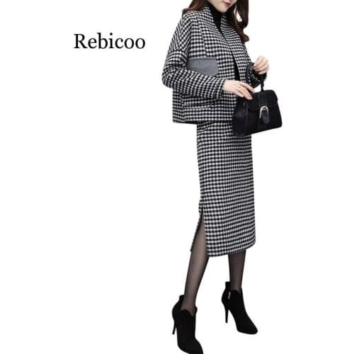 Woolen 2 Pcs Set Women Skirt Sets Plaid Two Piece Set Korean Womens Suit Ensemble Femme Deux Pieces Conjunto Feminino rebicoo