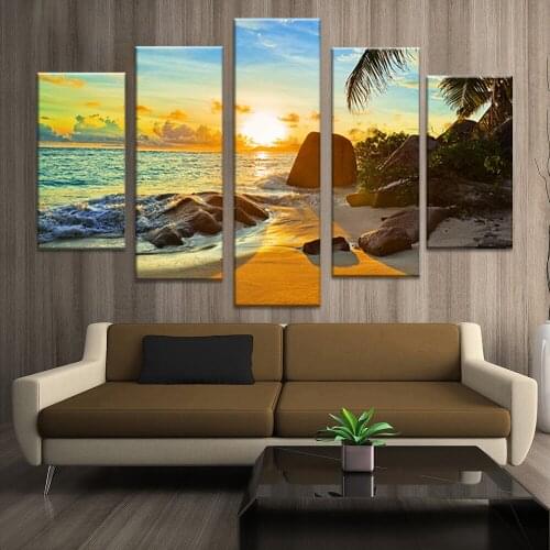 Modern Home Wall Art Decor Frame Modular Canvas Oil Pictures HD Print Painting 5 Panel Ocean Sunset Beach Seascape Poster