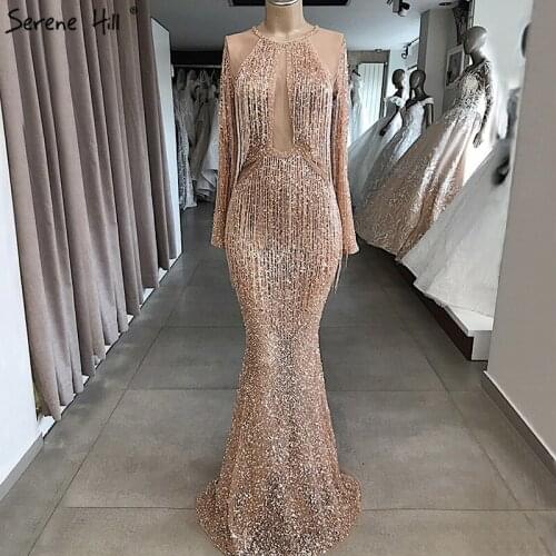 Rose Gold Mermaid Long Sleeve Evening Dresses 2021 Sequined Beading Tassel Luxury Formal Dress Serene Hill LA70037