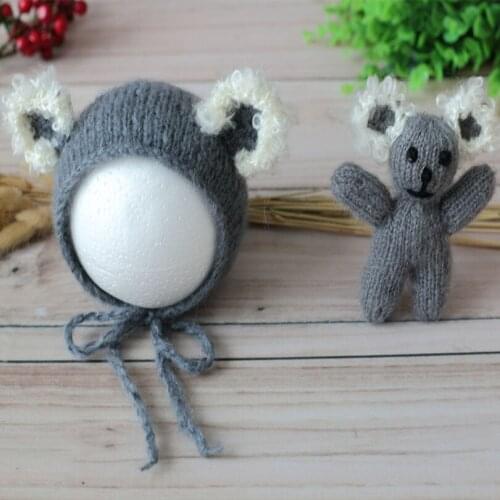 Knit mohair hat and toy set prop Newborn mohair bear bonnet Lovey toy photography props