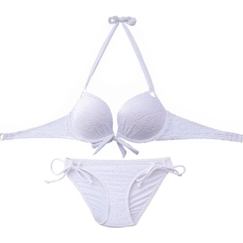 Woman White lace Bikini Swimwear Top and Bottom Thick Padding Girl Push Up Swimsuit Maillot De Bain Undenrwire Stes