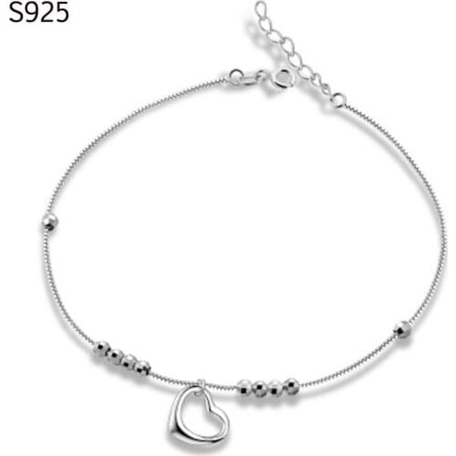 100% Genuine Real Pure Solid 925 Sterling Silver Anklet for Women Beach Jewelry Heart Beads Female Foot Chain Anklet Band Gift