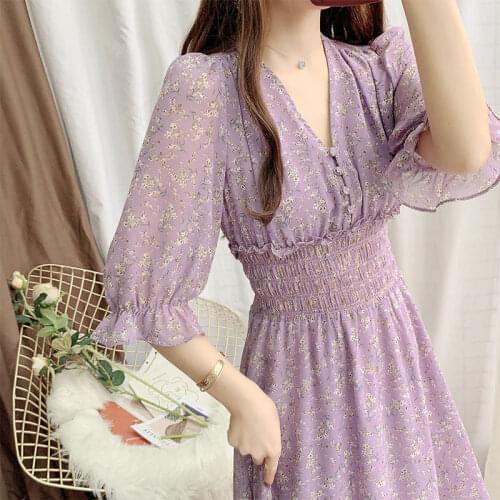 Bella Philosophy Summer Women printed Ruffles Purple Dress Lady V-neck Chiffon Dot Dress Female High Waist A-line Party Vestidos