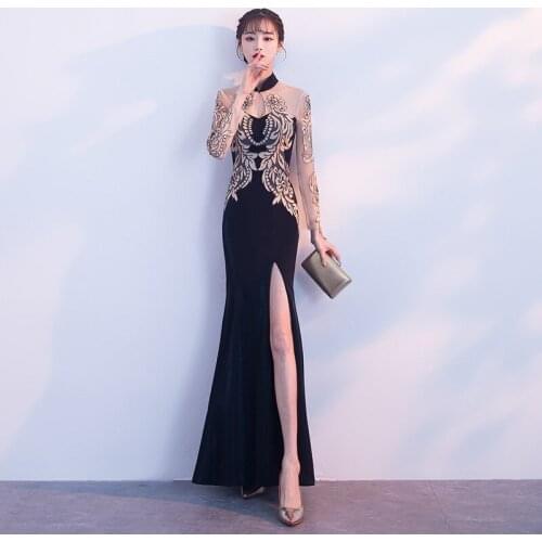 Sexy Appliques Lace Burgundy Mermaid Evening Dress 2020 High Neck Long Sleeve Illusion Zipper Back Long Side Split Party Dress