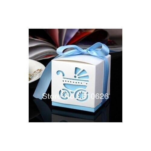 Free shipping 50pcs Blue baby carriage favor box wedding laser candy box with Ribbon for boys baby shower paper Sugar box gifts