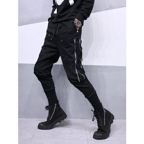 Free Shipping Mens Male Fashion Black Original Design Casual Autumn Winter Zipper Big pockets Slim Feet Harem Pants Personality